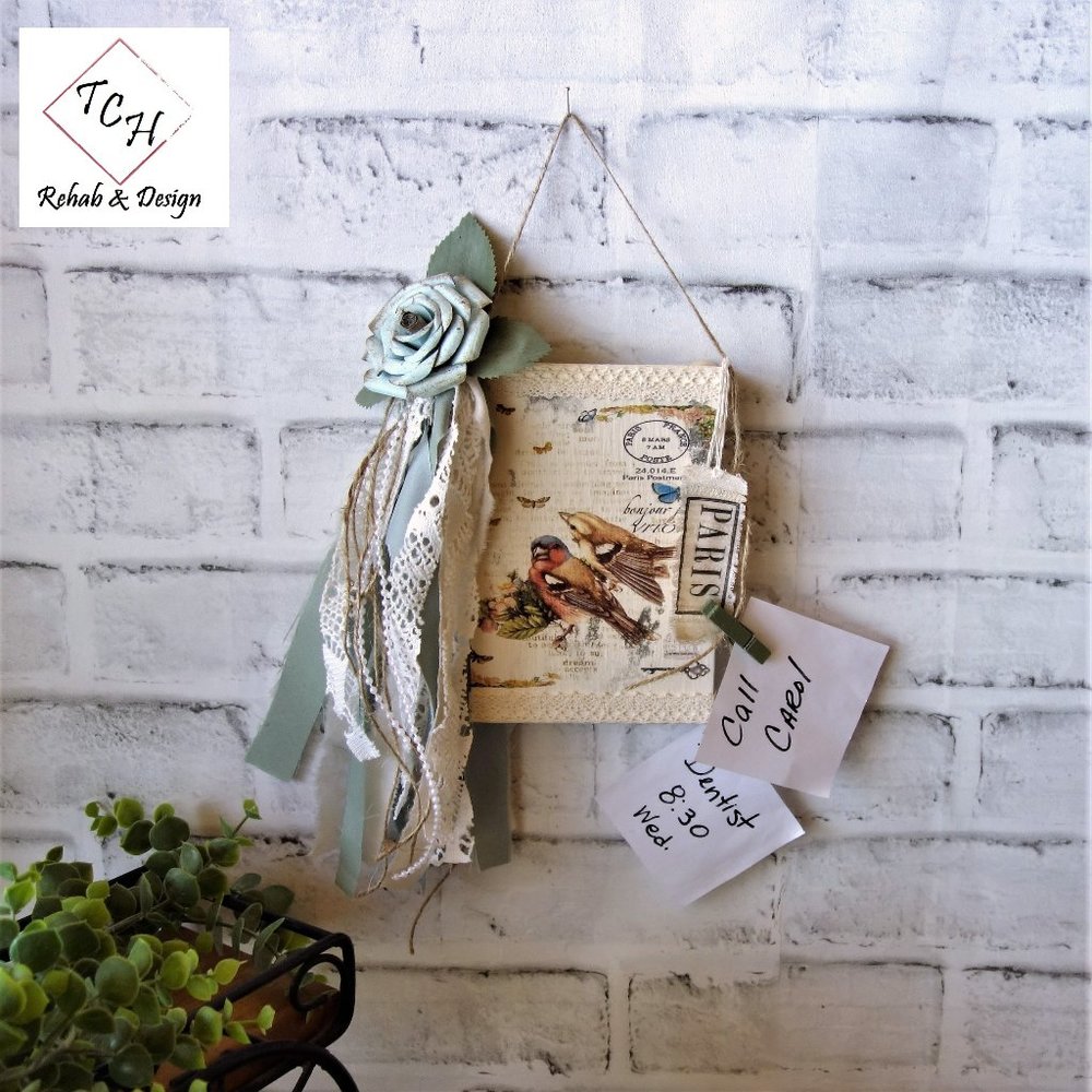 Shabby Chic Vintage Songbird Note Holder Wall Hanger Organizer Blue Rose Decor